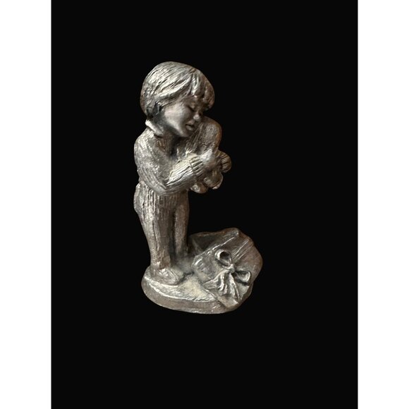 Michael Ricker Pewter Figurine Boy Hugging dog  On Gift Box Cute Collectible - Picture 1 of 6